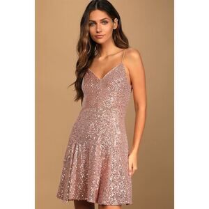 Lulus Stun The Night Rose Gold Sequin Mini Dress Pink - Size S NWT